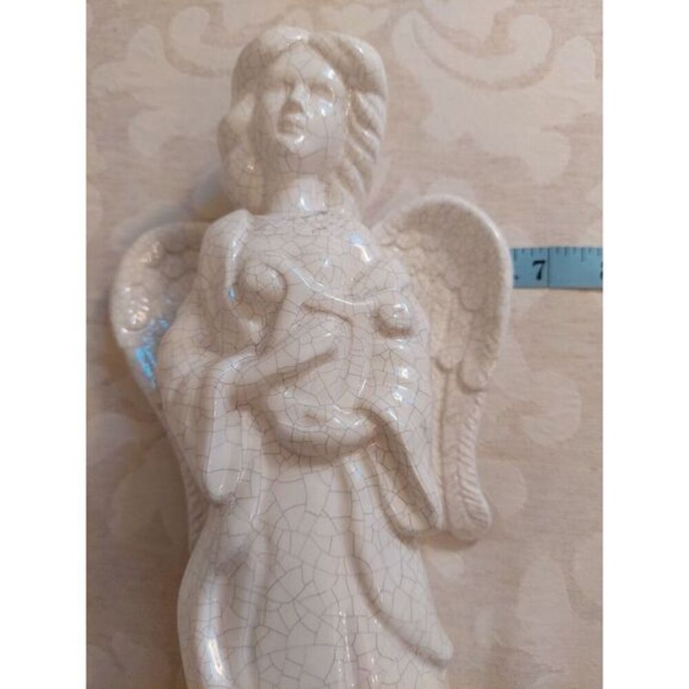 Large Crackle Glaze Ceramic Angel Figurine With Harp And Wings In White - Picture 9 of 9